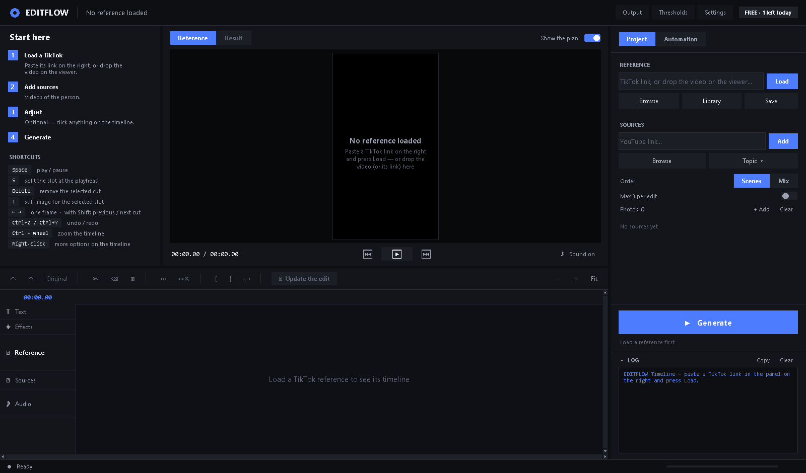 The EDITFLOW window: the reference viewer in the middle, the timeline below it, and the project panel on the right with Load, Sources and Generate.